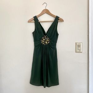 BCBGMaxAzria Green Jewel Rhinestone V-Neck Cinch Formal Dress